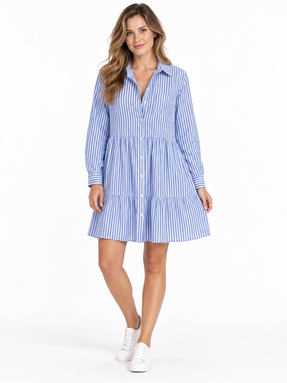 BeachLunchLounge Blue White Stripe Tiered Shirt Dress L NWT Cotton Pockets